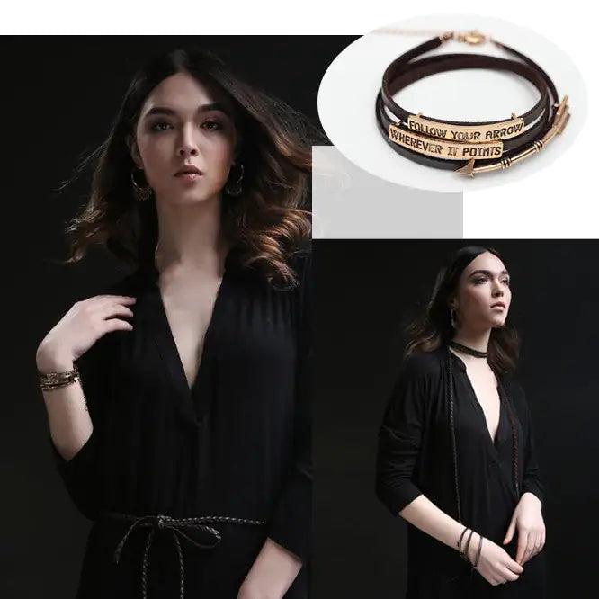 Follow Your Arrow Genuine Leather Bracelet In Yellow And White Gold Plating - Cherish With Jewels