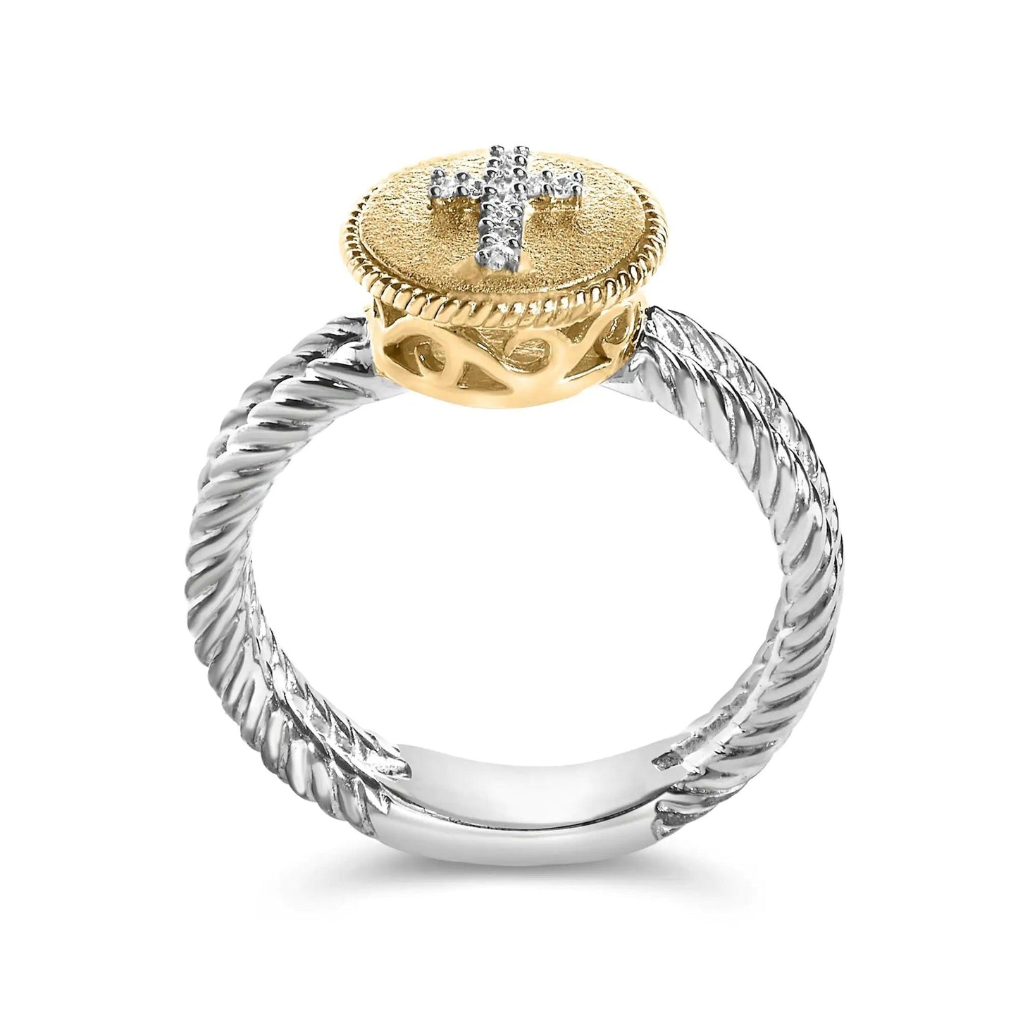 18K Yellow Gold Plated .925 Sterling Silver Diamond Cross Ring with Satin Finish (I-J Color, SI1-SI2 Clarity) - Cherish With Jewels