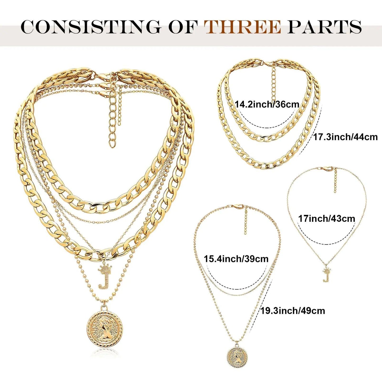 MJartoria Gold Layered Necklaces for Women Trendy Retro Coin Pendant Necklace Dainty Chunky Chain Choker Necklaces for Jewelry Birthday Gifts Crown+Letter J-3PCS - Cherish With Jewels