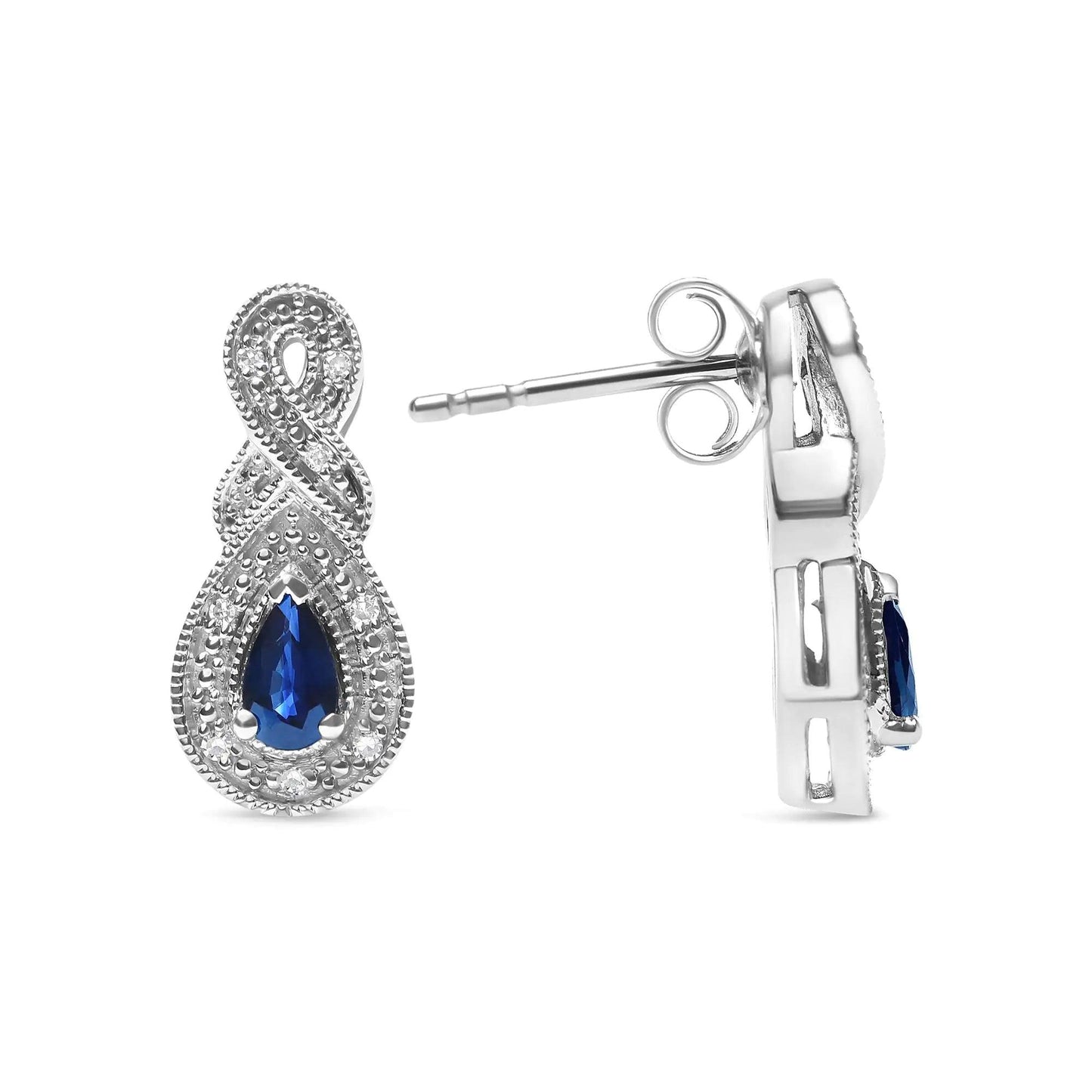 .925 Sterling Silver 4.5 x 3mm Pear Sapphire Gemstone and Diamond Accent Infinity Drop Stud Earrings (H-I Color, SI1-SI2 Clarity) - Cherish With Jewels