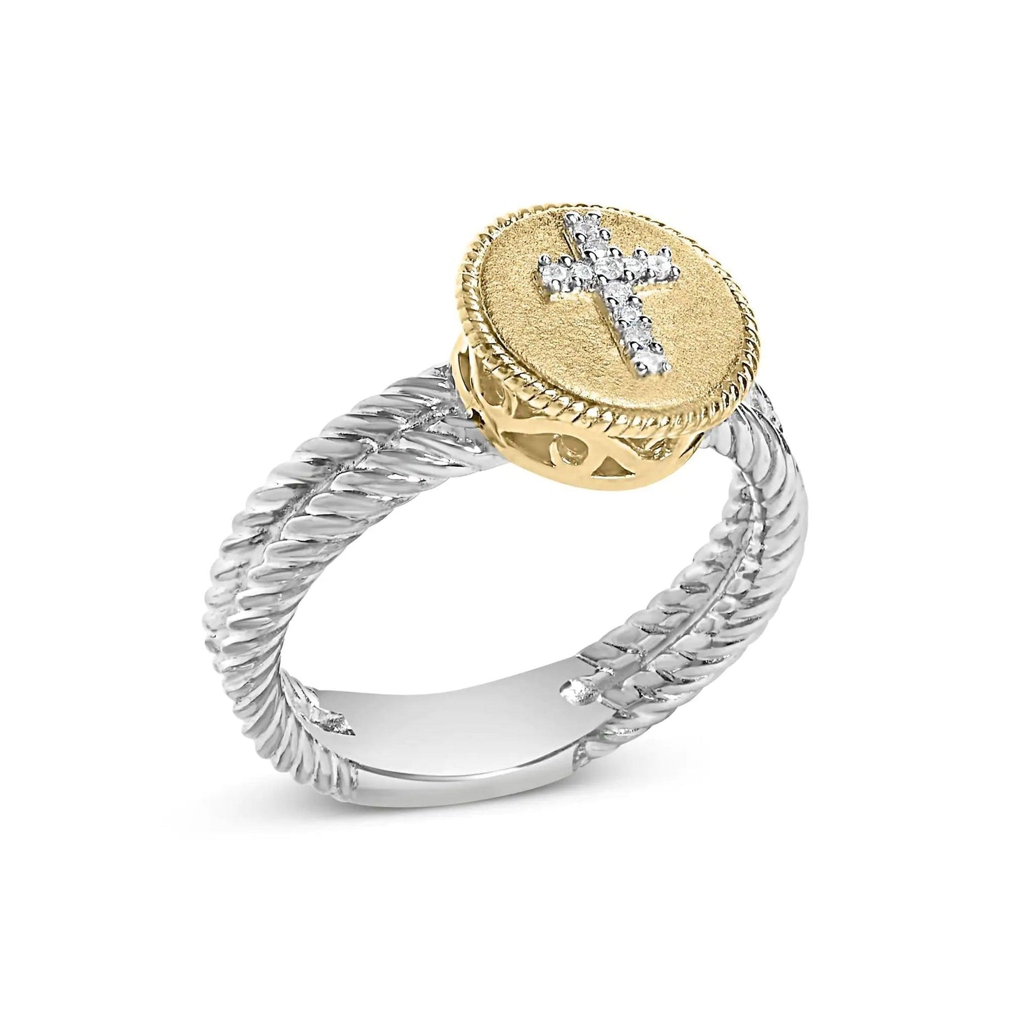 18K Yellow Gold Plated .925 Sterling Silver Diamond Cross Ring with Satin Finish (I-J Color, SI1-SI2 Clarity) - Cherish With Jewels