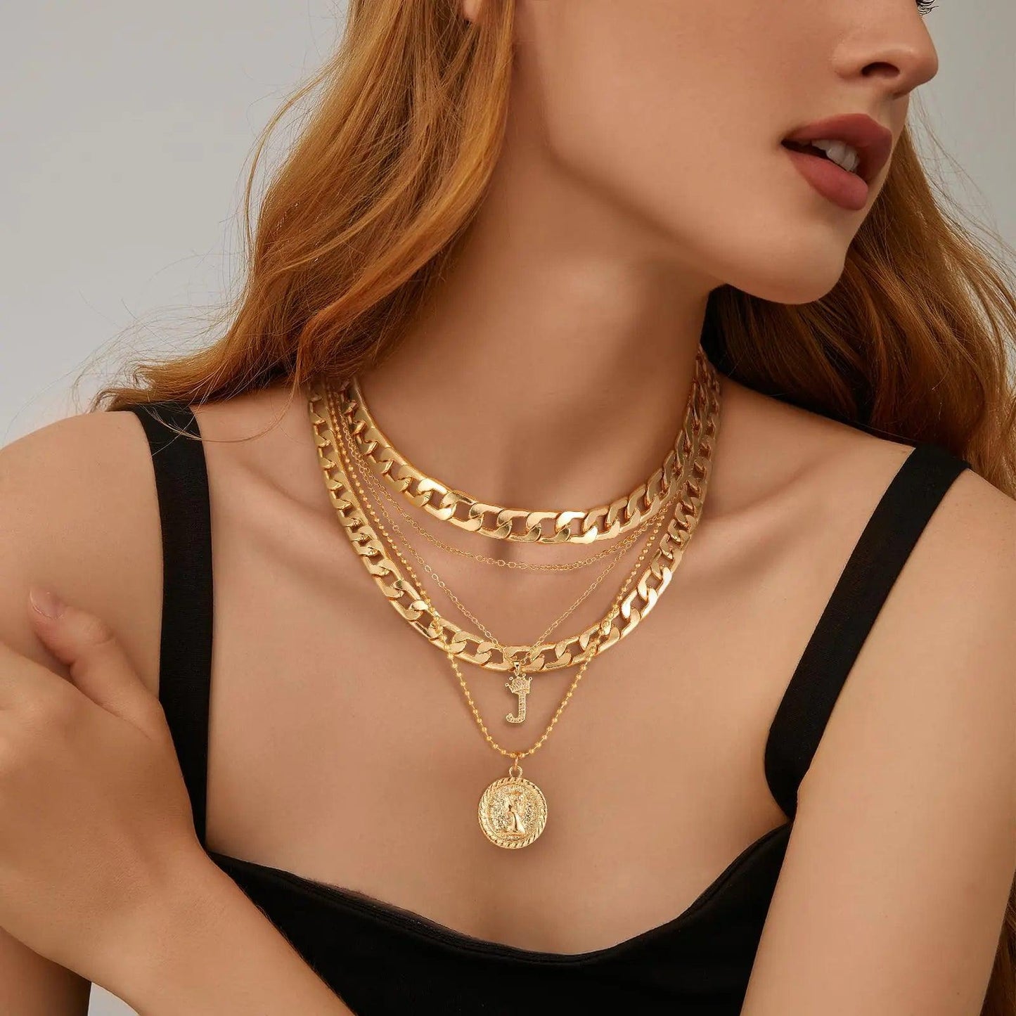 MJartoria Gold Layered Necklaces for Women Trendy Retro Coin Pendant Necklace Dainty Chunky Chain Choker Necklaces for Jewelry Birthday Gifts Crown+Letter J-3PCS - Cherish With Jewels
