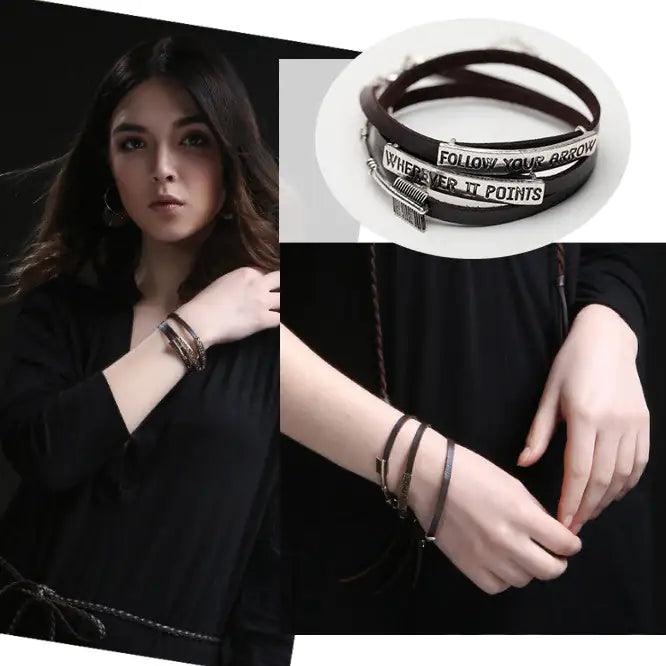 Follow Your Arrow Genuine Leather Bracelet In Yellow And White Gold Plating - Cherish With Jewels