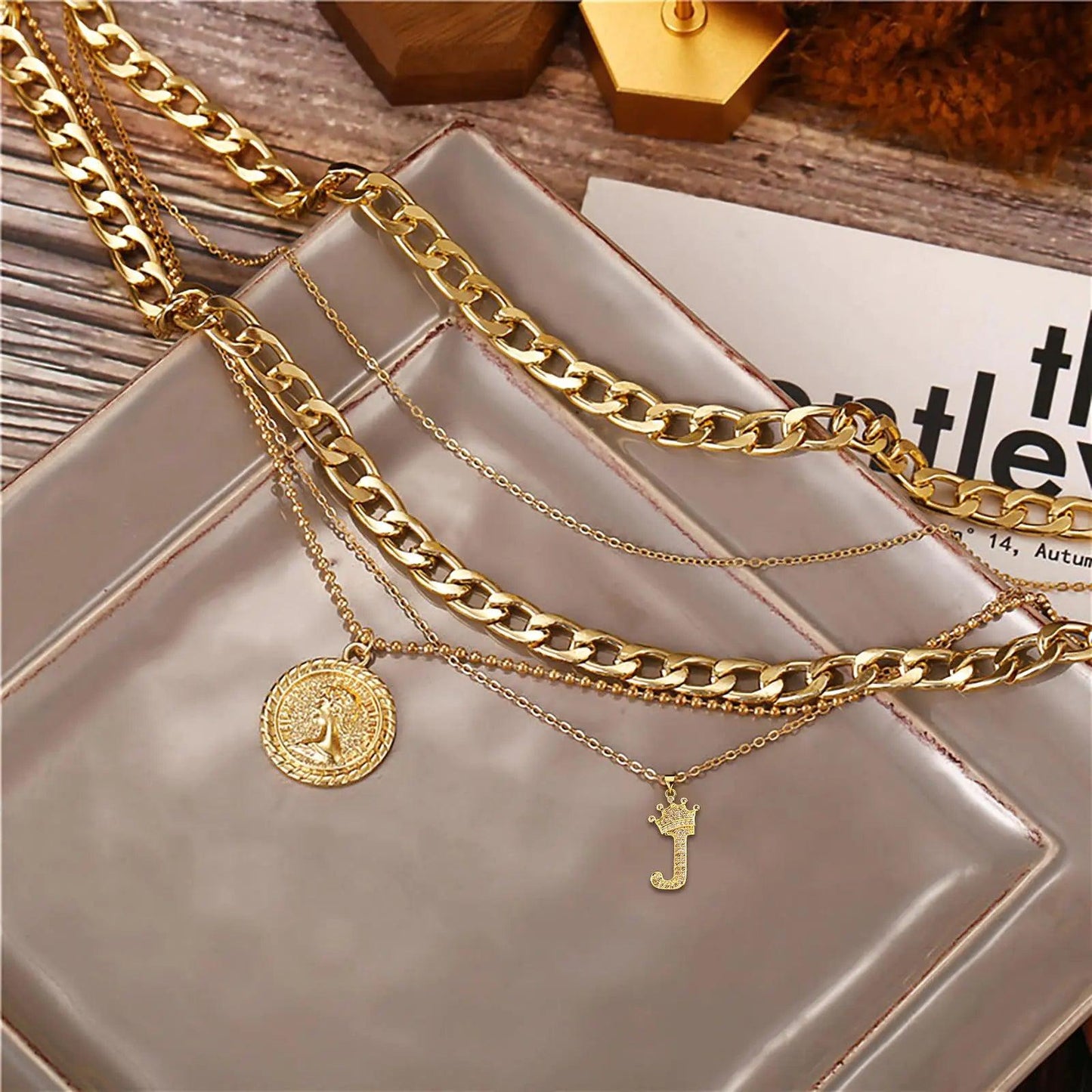MJartoria Gold Layered Necklaces for Women Trendy Retro Coin Pendant Necklace Dainty Chunky Chain Choker Necklaces for Jewelry Birthday Gifts Crown+Letter J-3PCS - Cherish With Jewels