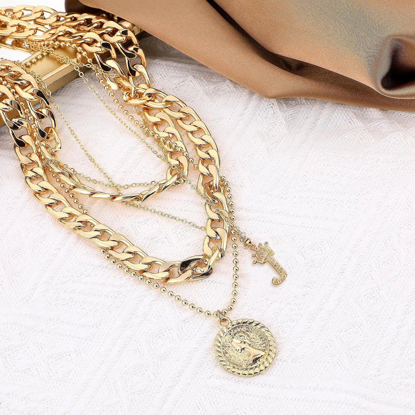 MJartoria Gold Layered Necklaces for Women Trendy Retro Coin Pendant Necklace Dainty Chunky Chain Choker Necklaces for Jewelry Birthday Gifts Crown+Letter J-3PCS - Cherish With Jewels
