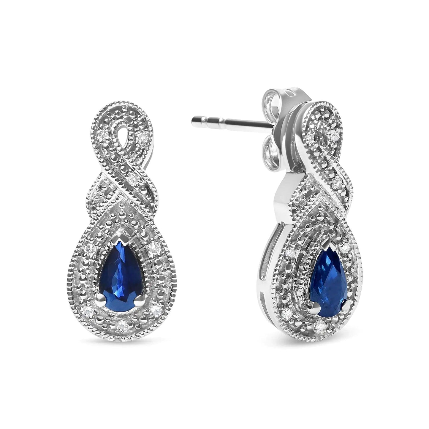 .925 Sterling Silver 4.5 x 3mm Pear Sapphire Gemstone and Diamond Accent Infinity Drop Stud Earrings (H-I Color, SI1-SI2 Clarity) - Cherish With Jewels