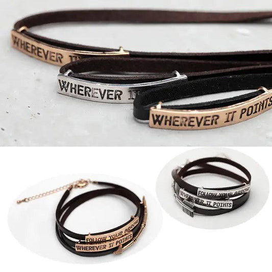 Follow Your Arrow Genuine Leather Bracelet In Yellow And White Gold Plating - Cherish With Jewels