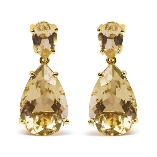 10K Yellow Gold Plated .925 Sterling Silver 11.0 Carat Pear Shaped Lime Quartz Dangle Drop Earring - Cherish With Jewels