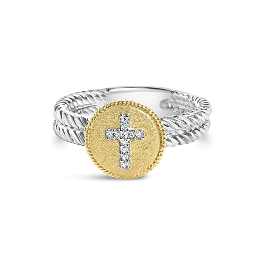 18K Yellow Gold Plated .925 Sterling Silver Diamond Cross Ring with Satin Finish (I-J Color, SI1-SI2 Clarity) - Cherish With Jewels